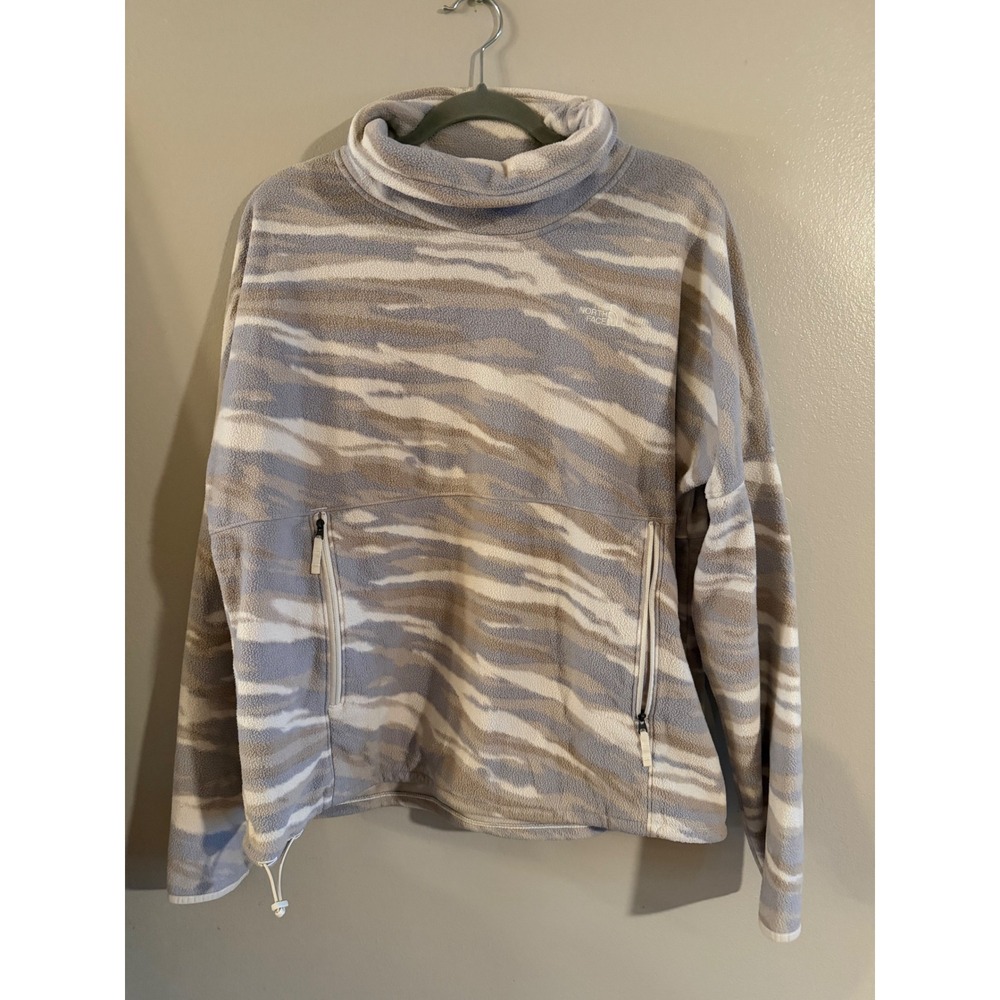 The North Face TKA Glacier Cowl Neck Fleece Pullover Camo Print Blue Tan Womens